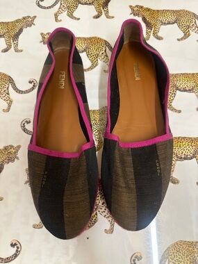 Fendi Women’s Striped Canvas Espadrilles in Brown with Pink Trim - size 38 1/2.